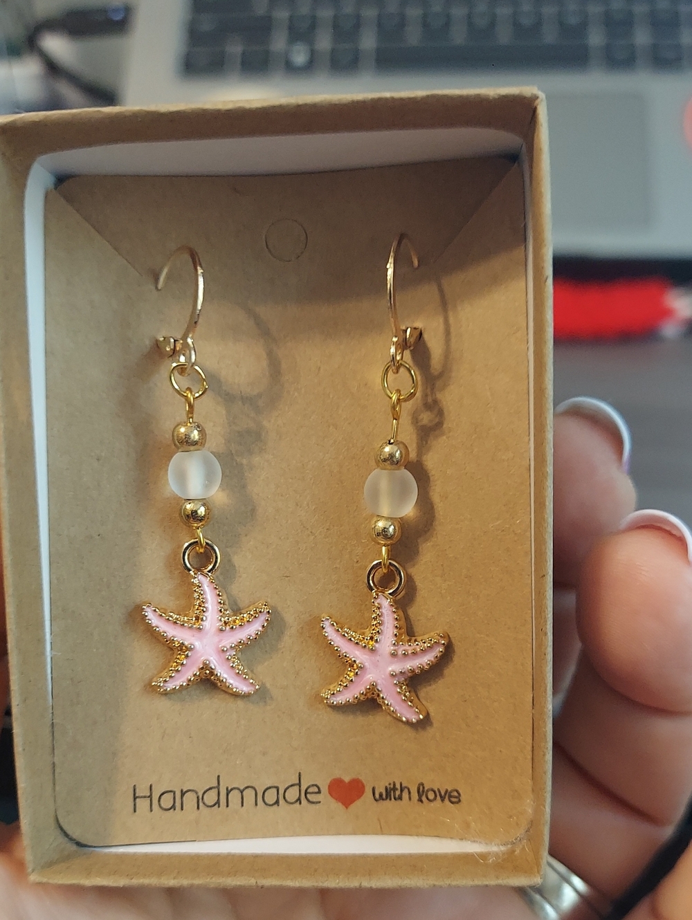 Handmade Pink Starfish Dangle Earrings - Gold Tone